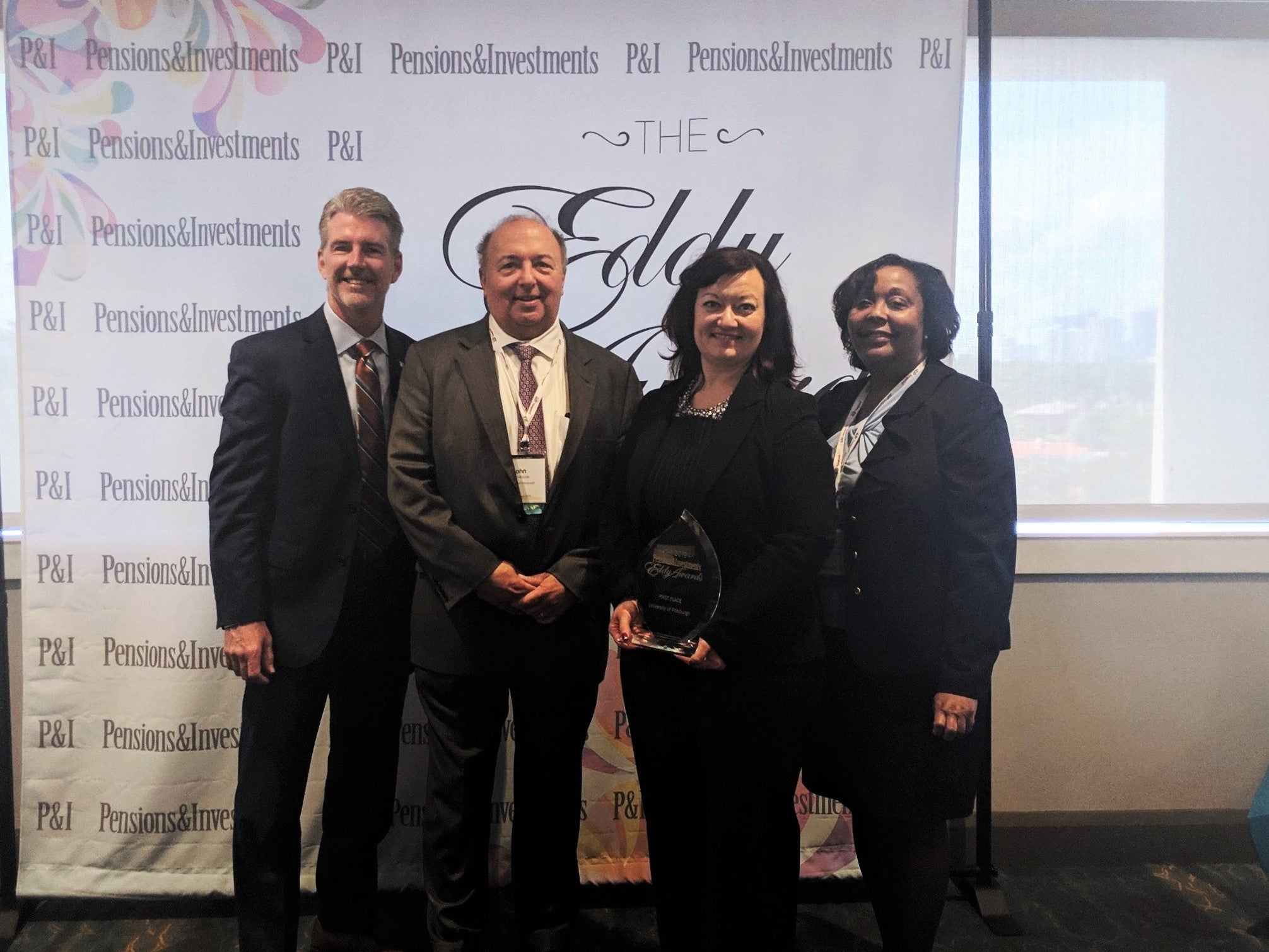 Pitt wins 2019 Eddy Award; Pictured (left to right): Greg Scott (Senior Vice Chancellor, Business & Operations), John Kozar (Assistant Vice Chancellor, OHR), Nichole Dwyer (Communications Manager, OHR), and Cheryl Johnson (Vice Chancellor, OHR)