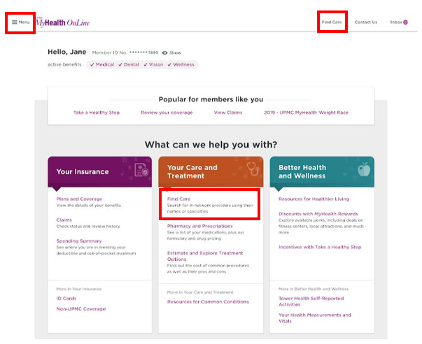 Screenshot of UPMC MyHealthOnline portal with highlighted locations of where to select "Find Care" to find a provider.