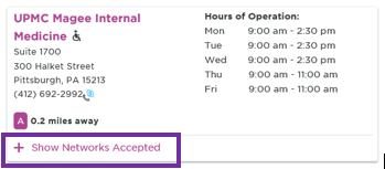 Screenshot of UPMC Health Plan website highlighting where to select "Show Networks Accepted."