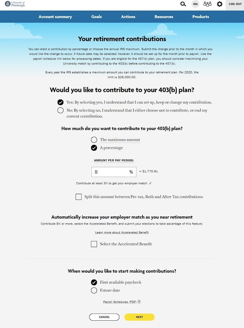 TIAA retirement contributions page