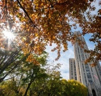 The Cathedral of Learning surrounded by fall leaves