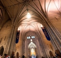the cathedral of learning commons, with the photo angled toward the gothic-style ceilings
