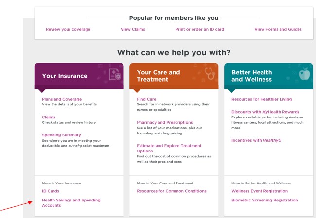 Screenshot of MyHealthOnline Account, with arrow pointing to the Health Savings and Spending Accounts link under the Your Insurance section.